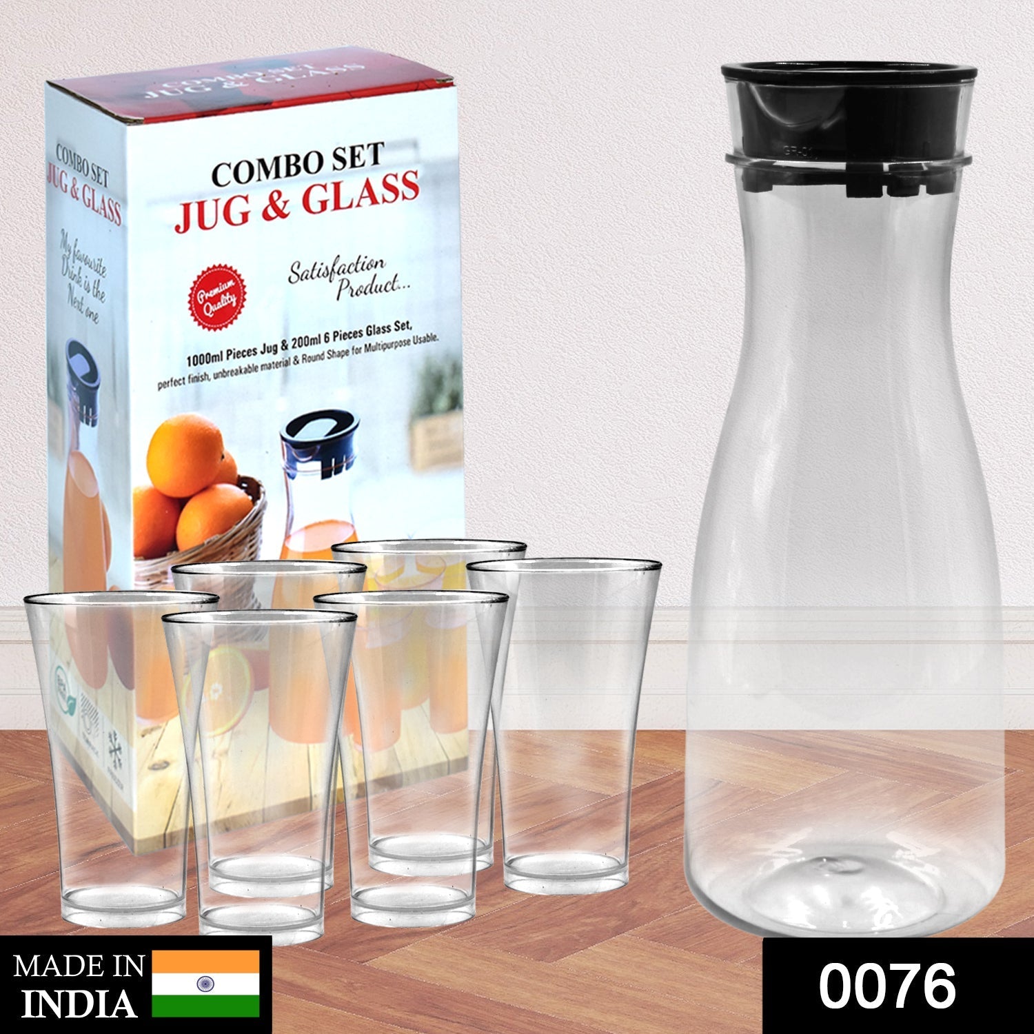 076_Transparent Unbreakable Water Juicy Jug and 6 Pcs. Glass Combo Set for Dining Table Office Restaurant Pitcher DeoDap