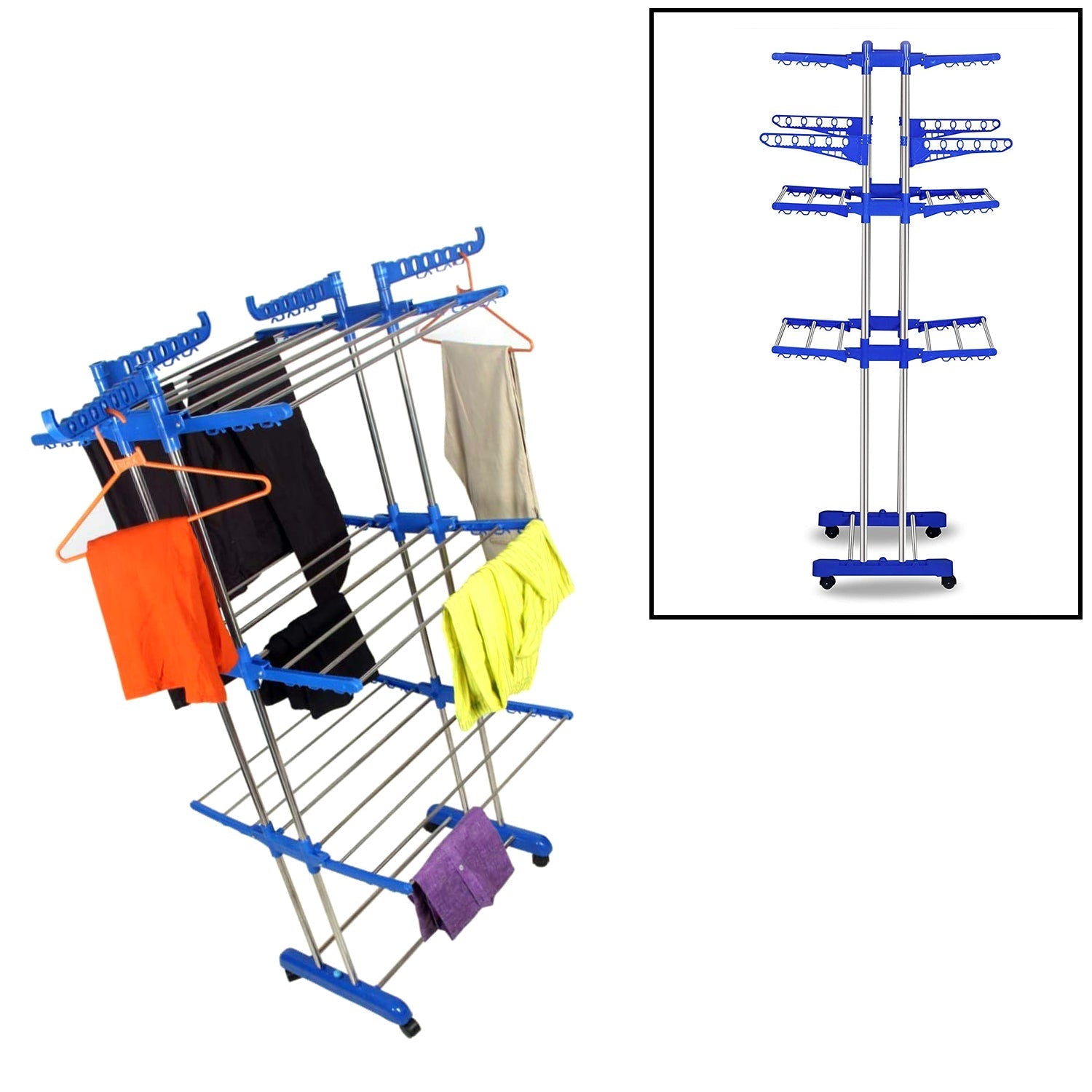 0696 Folding Double Supported 3 Layer Cloth Drying Stand Laundry Dryer Hanger with Breaking Wheels for Balcony Indoor and Outdoor Home, Steel