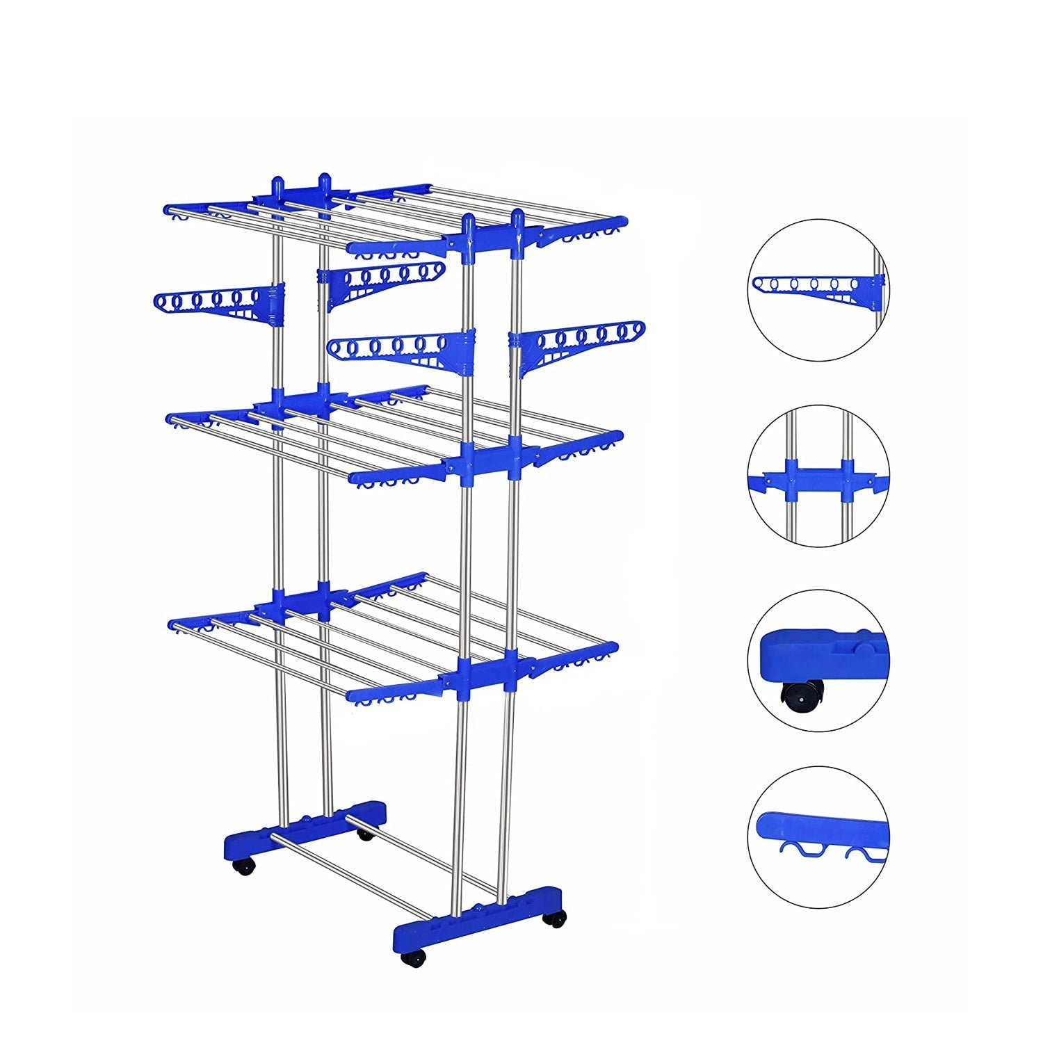 0696 Folding Double Supported 3 Layer Cloth Drying Stand Laundry Dryer Hanger with Breaking Wheels for Balcony Indoor and Outdoor Home, Steel