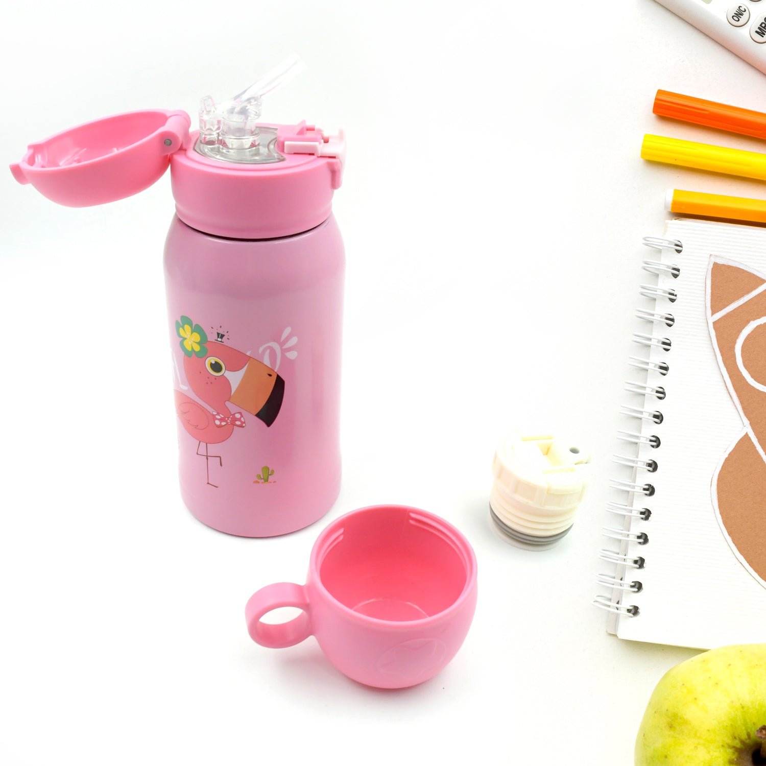 Love Baby Cute Animals Prints Kids Bottle Sipper for HOT N Cold Water, Milk, Juice with Bottle Cover, Cup, Zip Pocket & Straw to Keep Things Orange Green Pink Colors for Outdoor/ Office/Gym/School (600 ML)