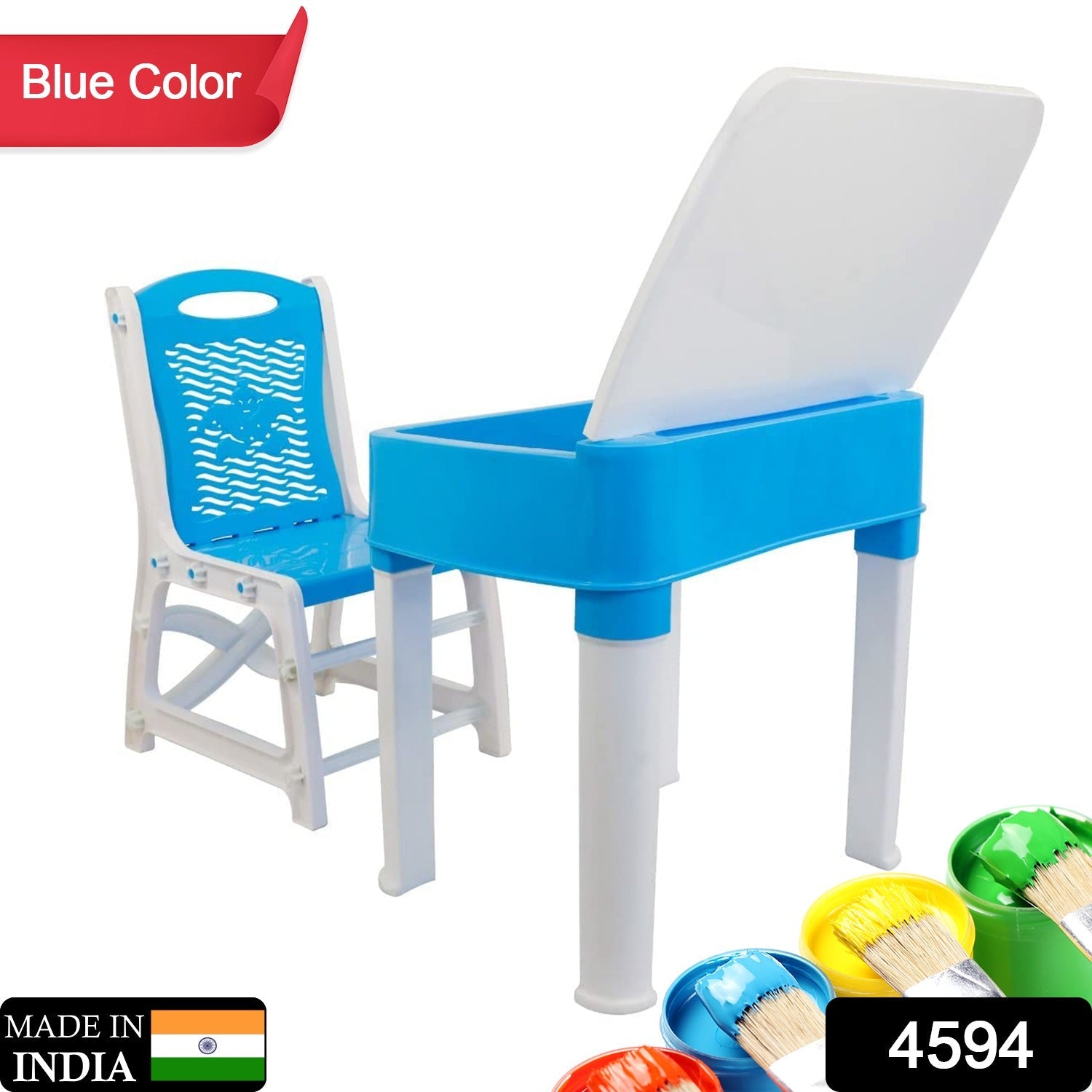 4594 Study Table And Chair Set For Boys And Girls With Small Box Space For Pencils Plastic High Quality Study Table (Blue)