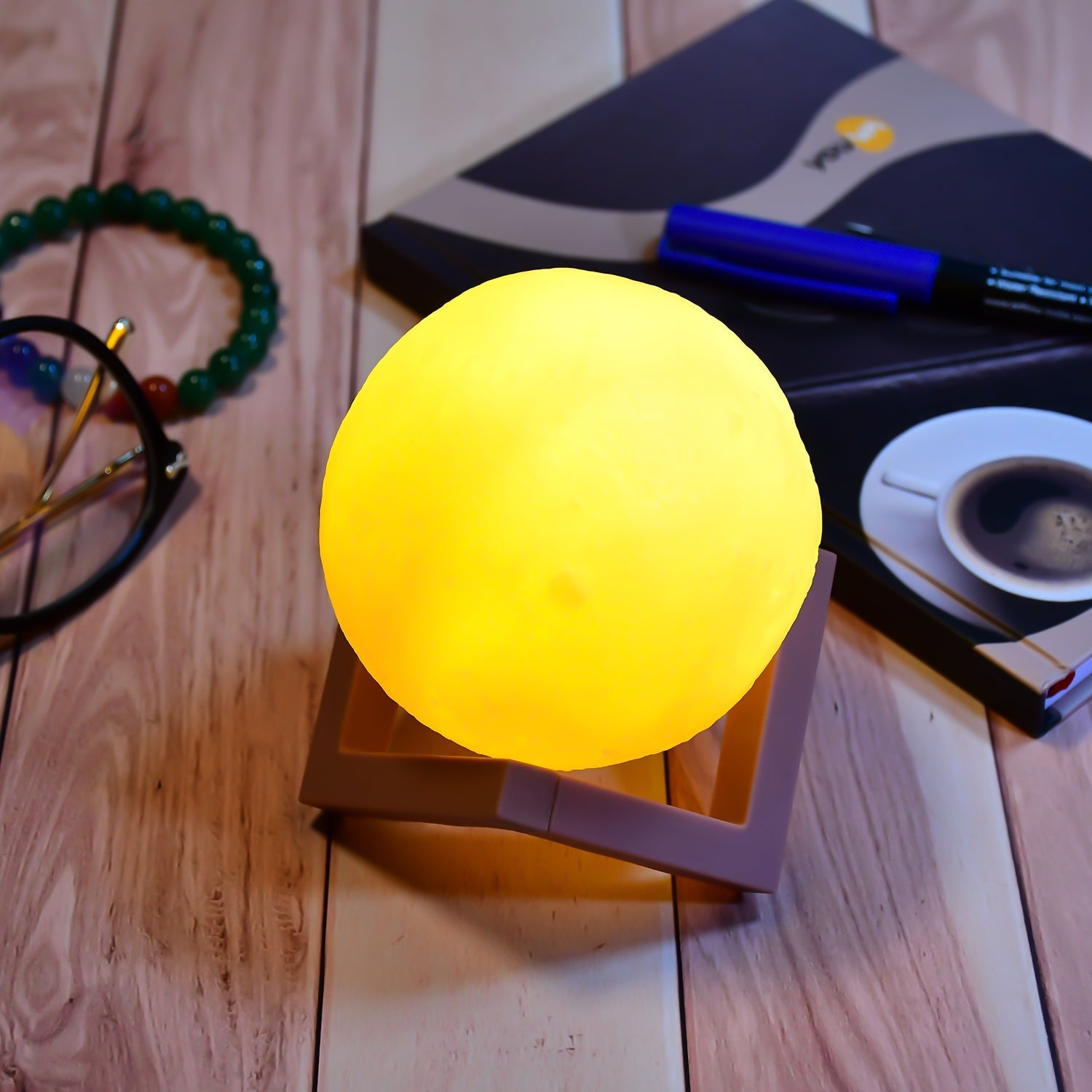 6273 Moon Night Lamp Yellow Colors Changing Touch Sensor with Wooden Stand Night Lamp for Bedroom DeoDap