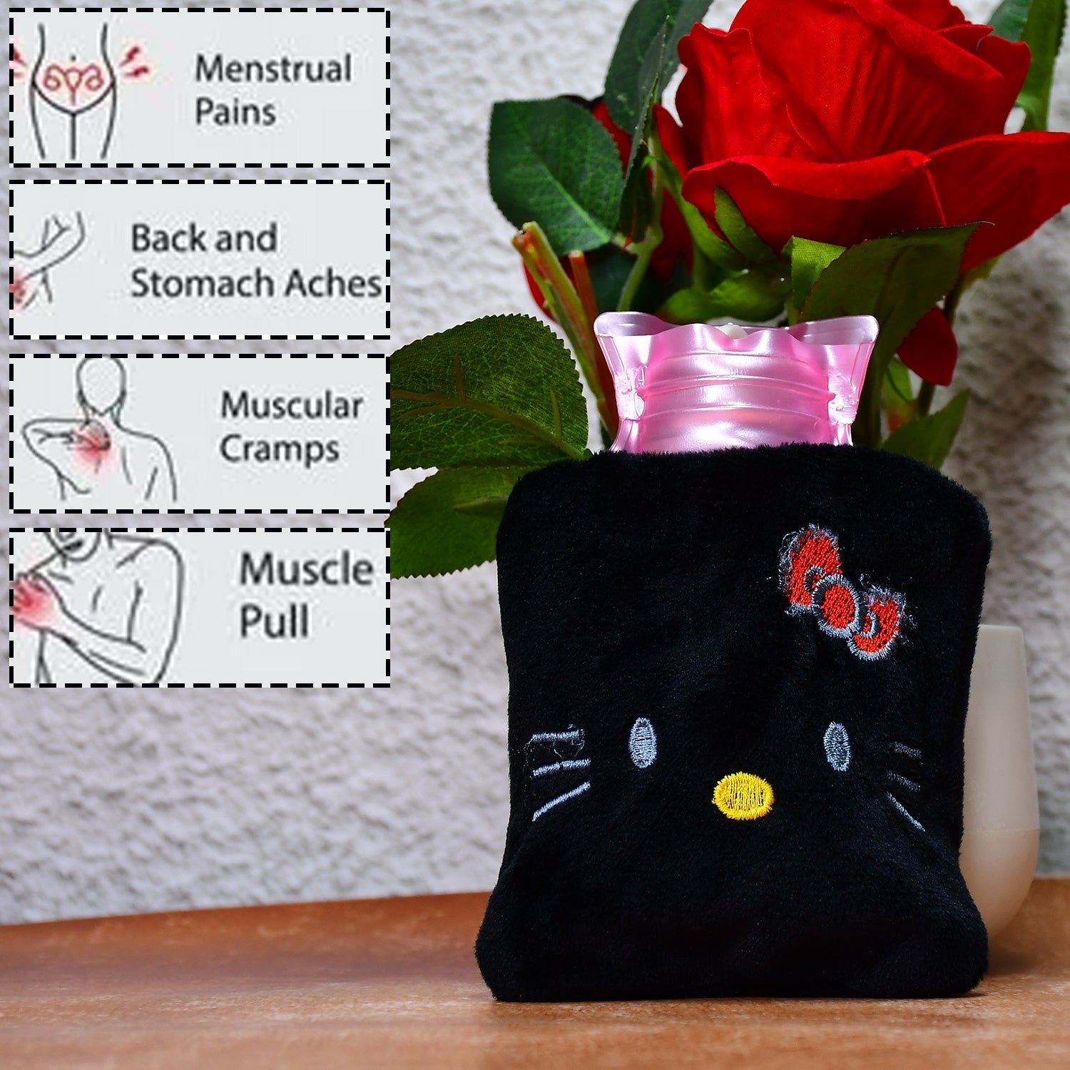 6513 Black Hello Kitty small Hot Water Bag with Cover for Pain Relief, Neck, Shoulder Pain and Hand, Feet Warmer, Menstrual Cramps. DeoDap