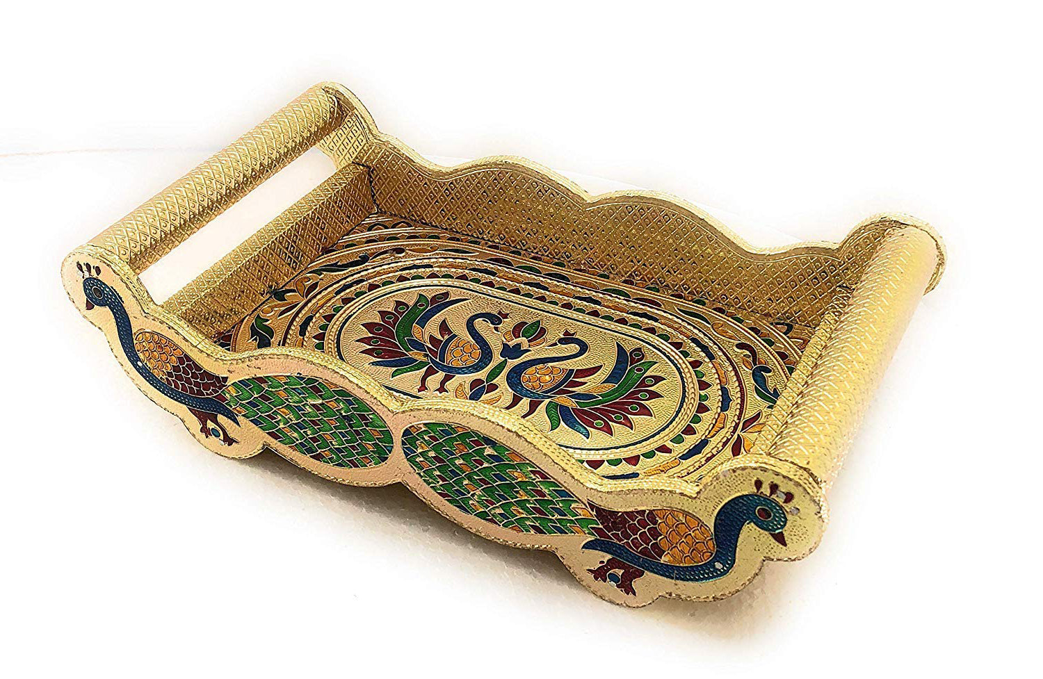 2125 Peacock Design Glass with Handle and Handicraft Serving Tray Set DeoDap