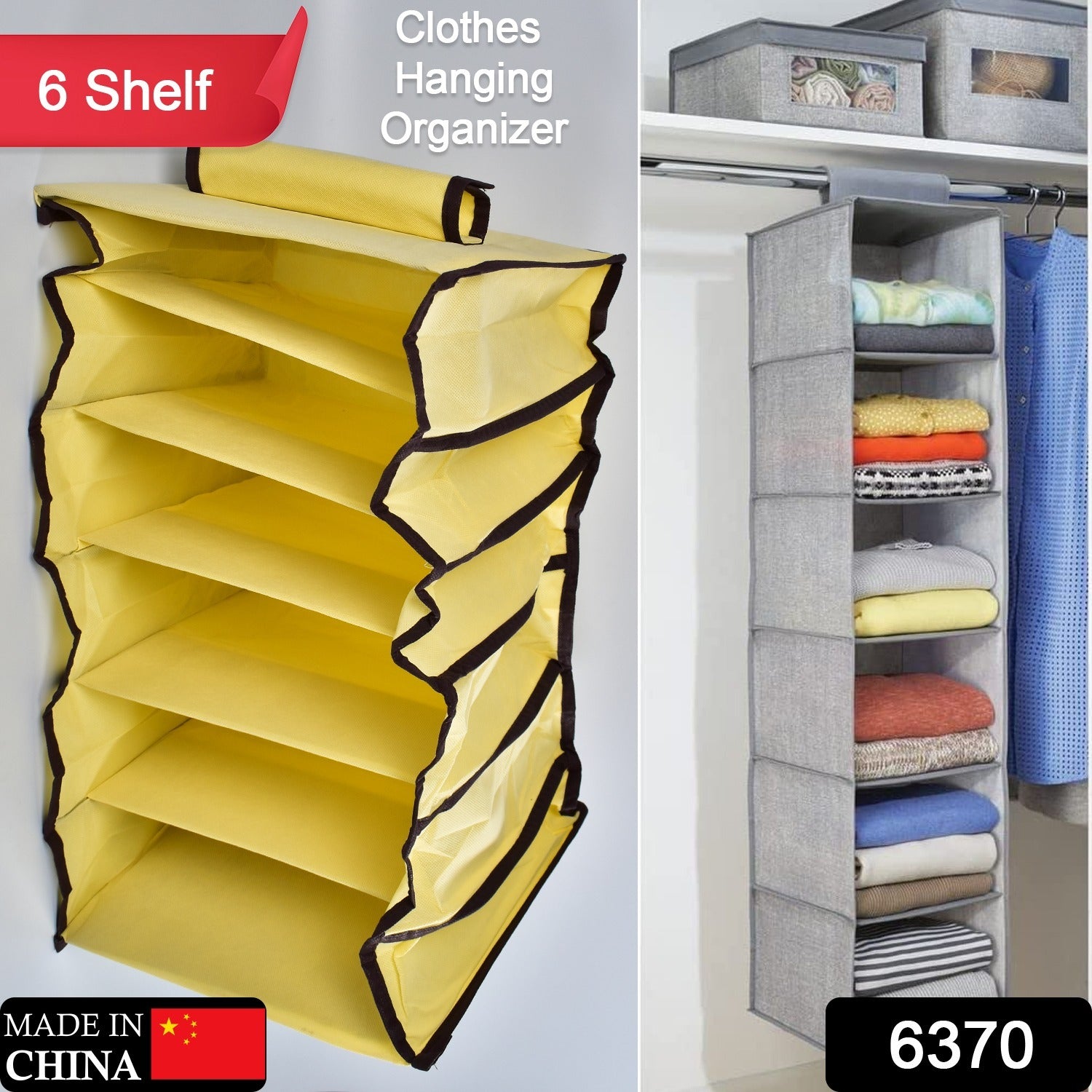 6370  6 Shelf Hanging Closet Organizer, Space Saver, Sweater & Clothing Shelves, Breathable Material Keeps Away Dust & Odors, DeoDap