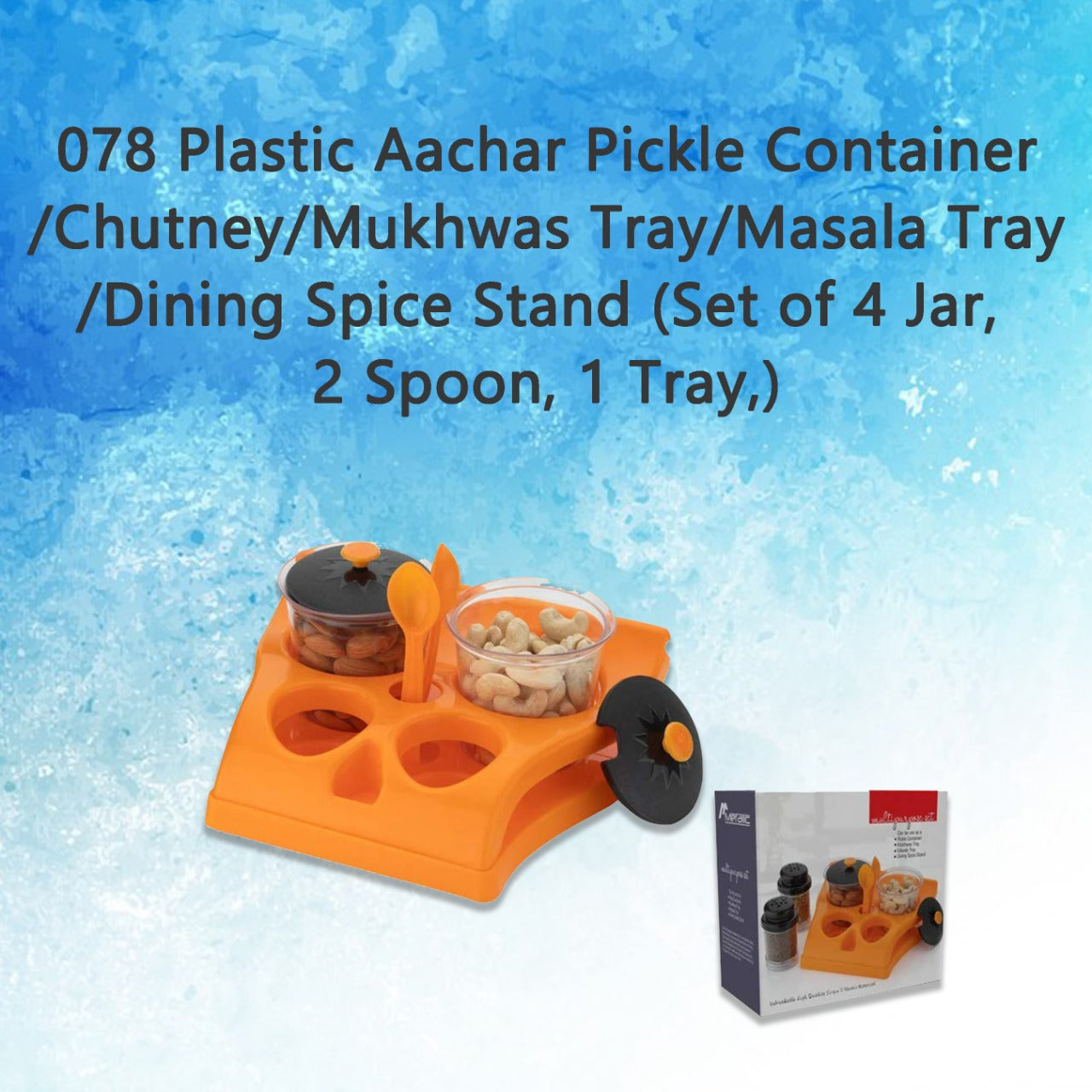 078 Plastic Aachar Pickle Container/Chutney/Mukhwas Tray/Masala Tray/Dining Spice Stand (Set of 4 Jar, 2 Spoon, 1 Tray,) DeoDap