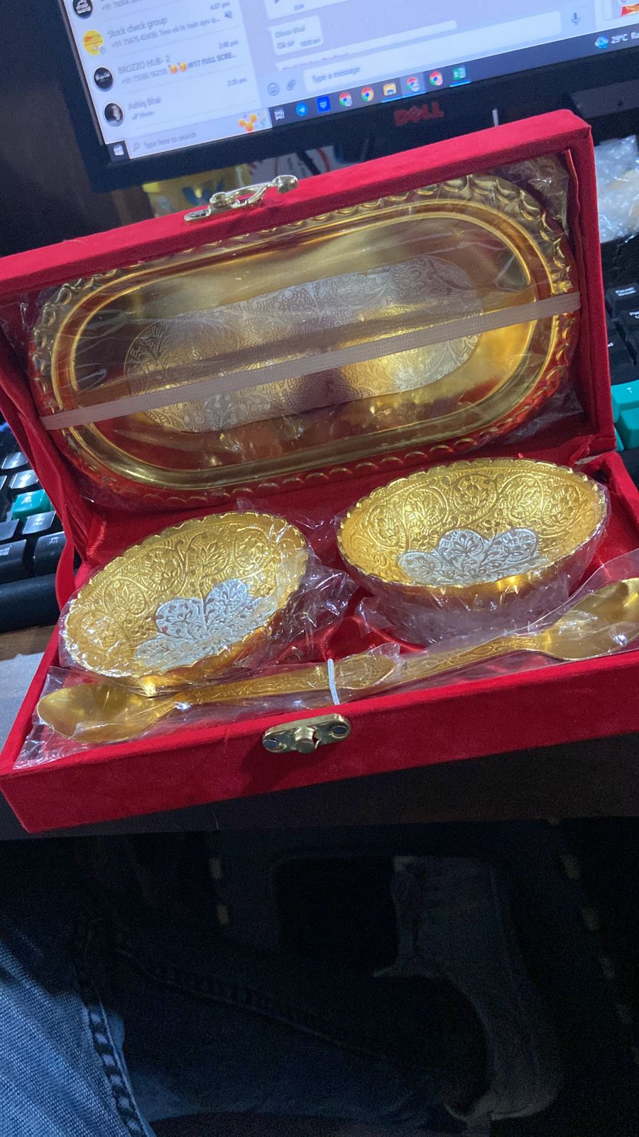 2947 Gold Silver Plated 2 Bowl 2 Spoon Tray Set Brass with Red Velvet Gift Box Serving Dry Fruits Desserts Gift DeoDap