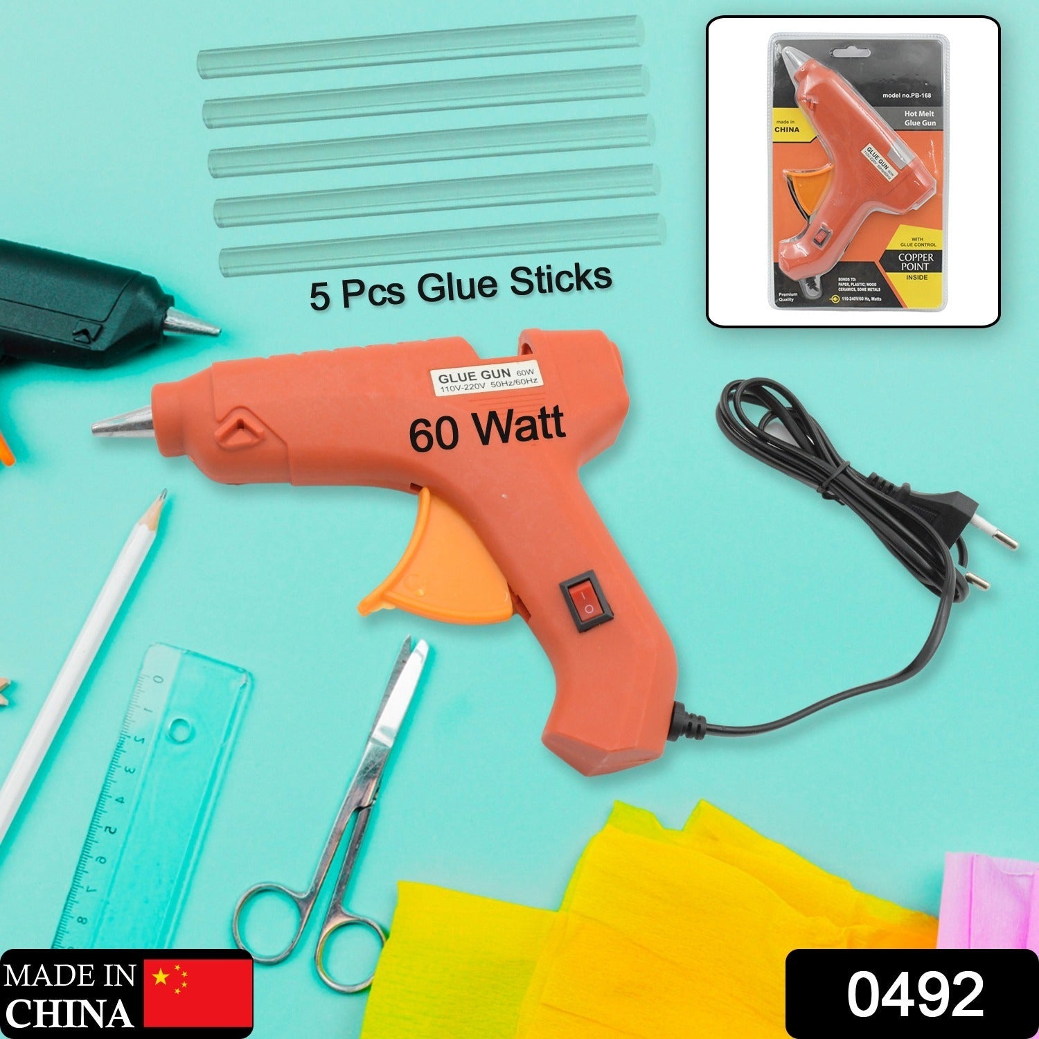 0492 Professional 60 Watt with 5 Pcs Hot Melt Glue Stick & ON/Off Switch, Electric Tool Hot Melt Glue Gun For Multi Use(1 Pc)